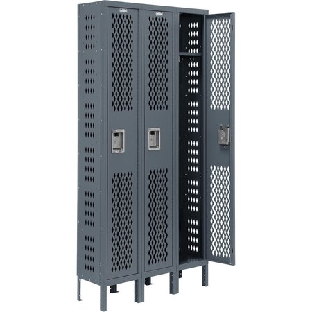 GLOBAL INDUSTRIAL Ventilated Steel Locker, Single Tier, 3-Wide, 12x18x72, Unassembled, Gray 493145GY